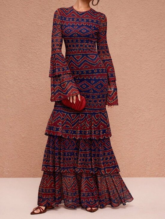 Dresses & Skirts - Multicolor Elegant Women's Boho Mesh Maxi Dress with Tiered Flared Sleeves
